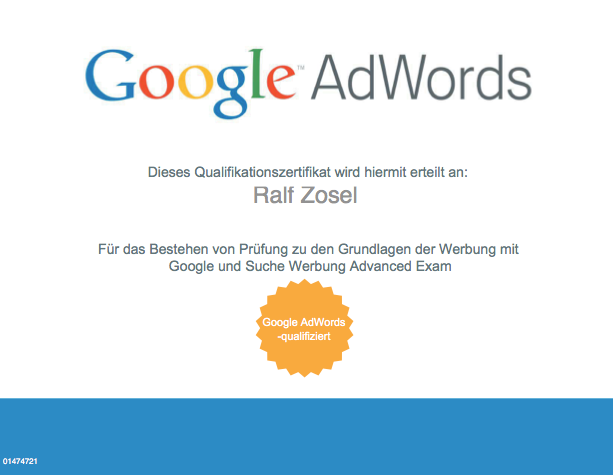 Qualifikationszertfikat Google AdWords