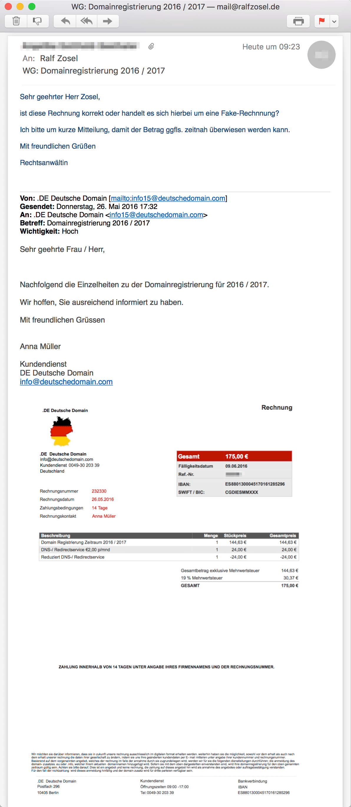 E-Mail von RAin wg. "Rechnung" DE Deutsche Domain